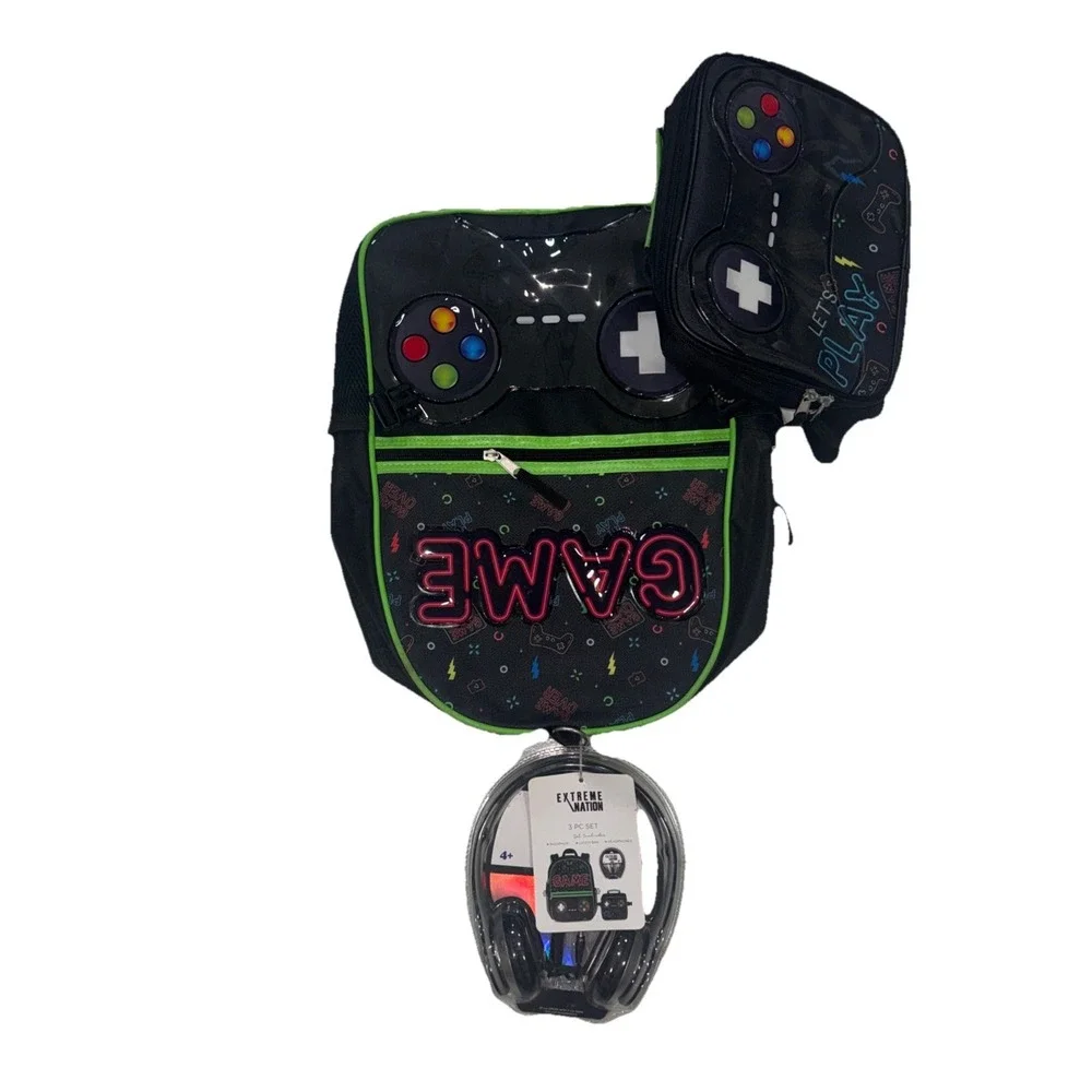 Boy's Extreme Nation Game On School 3 Piece Set Backpack Lunch‎ Bag Headphones